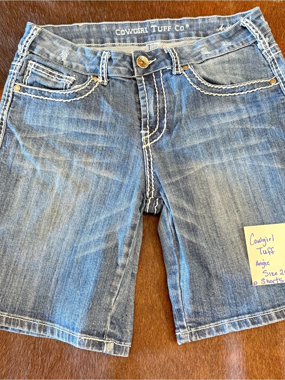 Cowgirl Tuff Light Blue Denim Bermuda Shorts with White Stitching